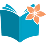 Blue book with orange flower decoration.